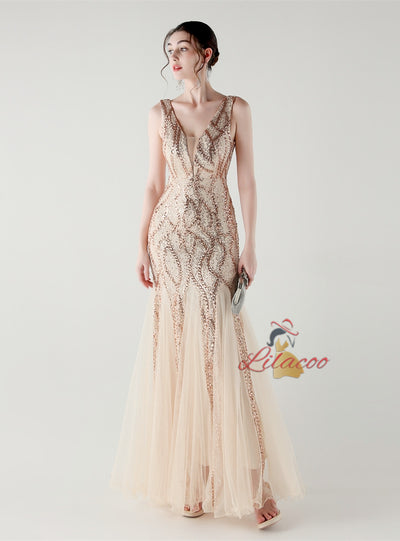 Mermaid Tulle Sequins V-neck Prom Dress
