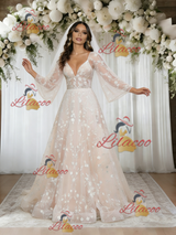 Champagne V-neck Lace Wedding Dress