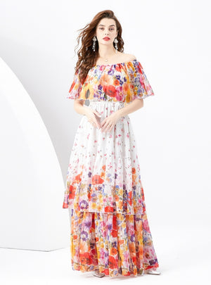 Off the Shoulder Flounced Holiday Printed Cake Dress