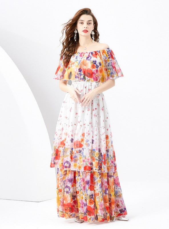 Off the Shoulder Flounced Holiday Printed Cake Dress