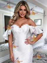 White Mermaid Satin Off the Shoulder Lace Wedding Dress