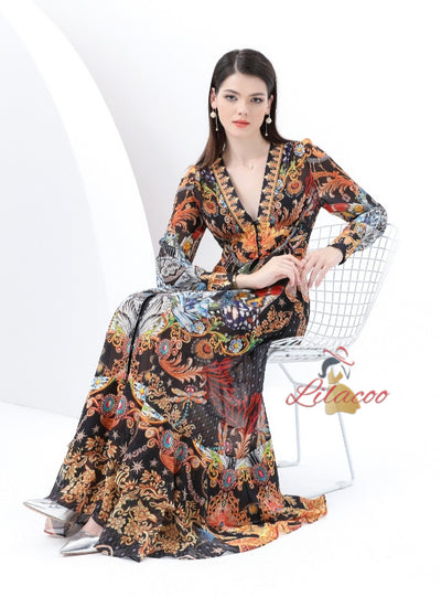 Retro Deep V-neck Floral Long Two-piece Dress