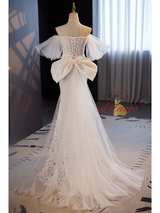 White Mermaid Lace Tulle Bow Wedding Dress