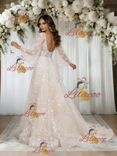 Champagne V-neck Lace Wedding Dress