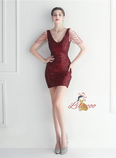 V-neck Sequins Beading Short Prom Dress