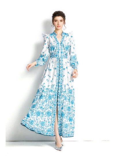 V-neck Lantern Sleeve Printed Palace Style Dress