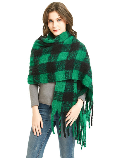 Fringed Green and Black Plaid Scarf