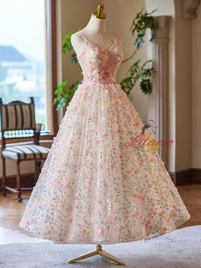 Champagne Tulle Sequins Spaghetti Straps Prom Dress