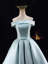 Blue Satin Off the Shoulder Pleats Homecoming Dress