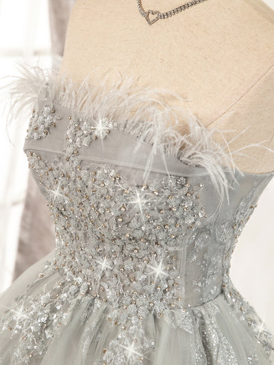 Gray Tulle Sequins Strapless Homecoming Dress