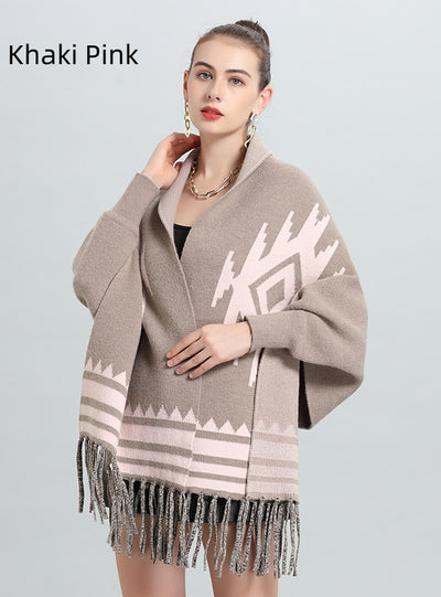 Striped Fringe Bat Sleeve Cardigan Shawl