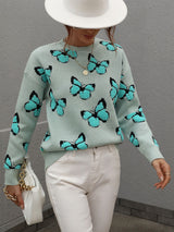 Printed Butterfly Round Neck Loose Sweater
