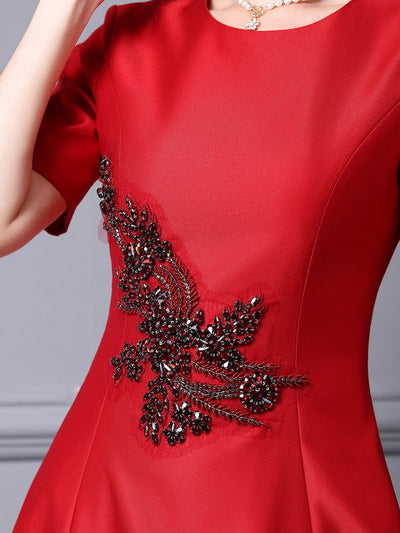 Red Satin Short Sleeve Mother Of The Bride Dress