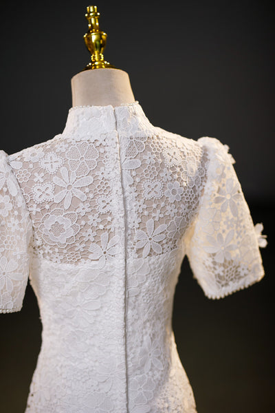 White Lace Short Sleeve Wedding Dress