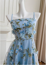 Blue Tulle Print 3D Flower Prom Dress