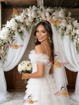 White Tulle Spaghetti Straps Tiers Wedding Dress