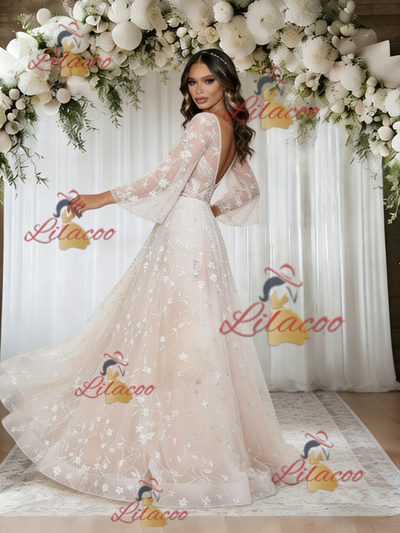 Champagne V-neck Lace Wedding Dress
