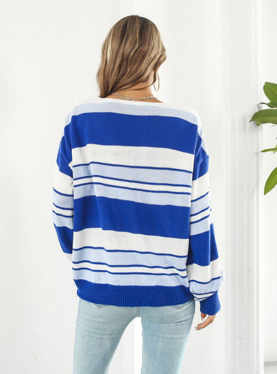 Loose Striped V-neck Long Sleeve Sweater