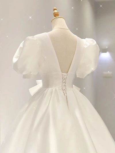 White Satin V-neck Puff Sleeve Wedding Dress