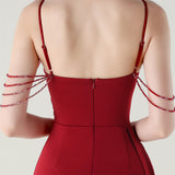 Burgundy Mermaid Spaghetti Straps Beading Prom Dress