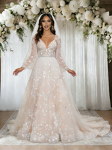 Champagne V-neck Lace Wedding Dress