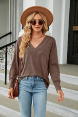 V-neck Loose Long Sleeve Button T-shirt