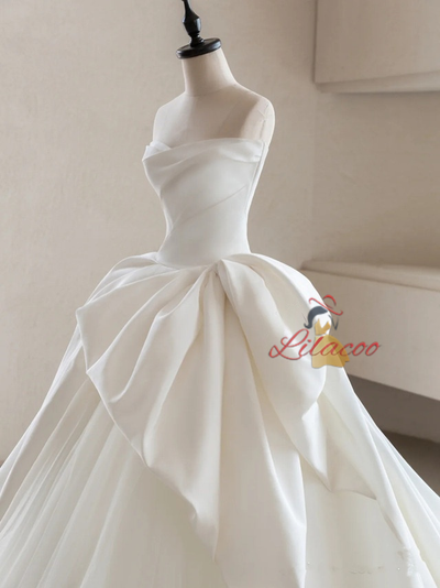 Simple White Satin Tulle Strapless Wedding Dress