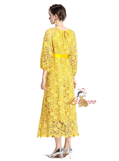 Long Sleeve Round Neck Slim Waist Lace Dress