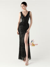 V-neck Mermaid Sequins Feather Prom Dress