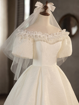 White Puff Sleeve Off the Shoulder Pearls Wedding Dress