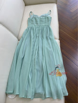 Green Slim Chiffon Pleated Dress