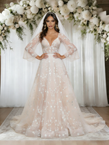 Champagne V-neck Lace Wedding Dress