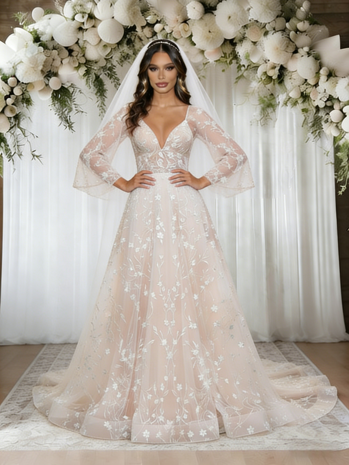 Champagne V-neck Lace Wedding Dress