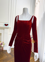 Burgundy Velvet Long Sleeve Split Prom Dress