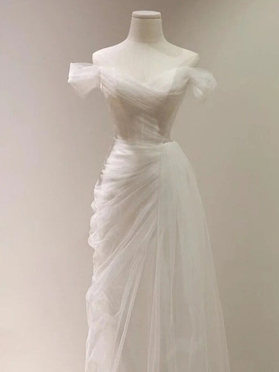 Simple White Tulle Off the Shoulder Pleats Wedding Dress
