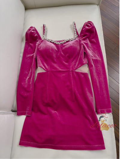 Fuchsia Long Sleeve Velvet Crystal Prom Dress