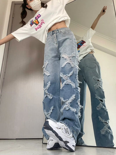 Retro High Waist Holes Jeans