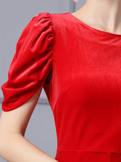 Red Velvet Short Sleeve Split Mother Of The Bride Dress