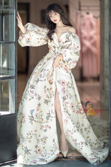 White Vintage Print Puff Sleeve Prom Dress