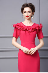 Fuchsia Short Sleeve 3D Flower Mother Of The Bride Dress