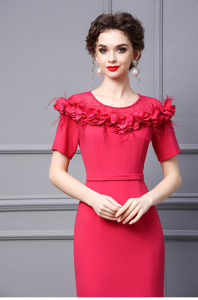 Fuchsia Short Sleeve 3D Flower Mother Of The Bride Dress