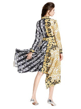 Retro Long Sleeve Color Printed Irregular Dress