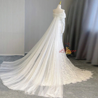 White Mermaid Lace Tulle Long Sleeve Pleats Wedding Dress