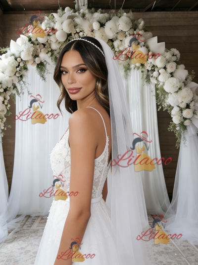 White Tulle Lace Spaghetti Straps Wedding Dress