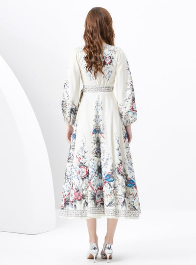 Retro Printed Bubble Sleeve Dress