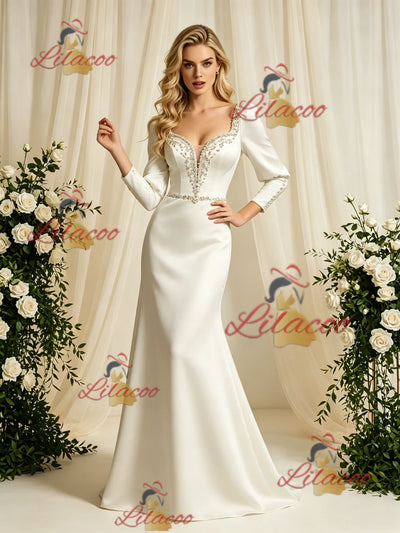 Beige Satin Long Sleeve Beading Wedding Dress