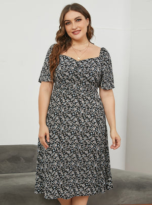 Square Neck Split Long Floral Dress