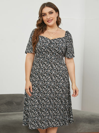 Square Neck Split Long Floral Dress