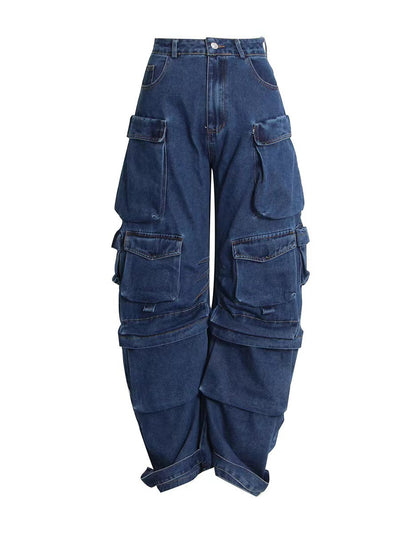 Wide Leg Stitching High Waist Pocket Jeans