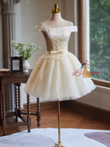 Champagne Tulle Appliques Homecoming Dress